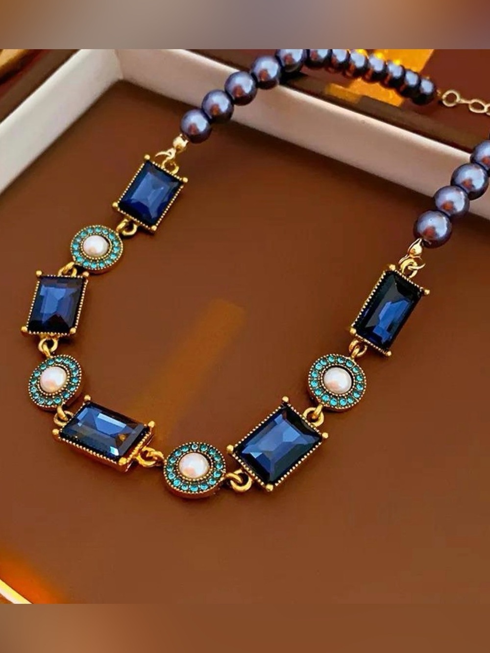 Vintage Dark Blue Rhinestone & Pearl Necklace